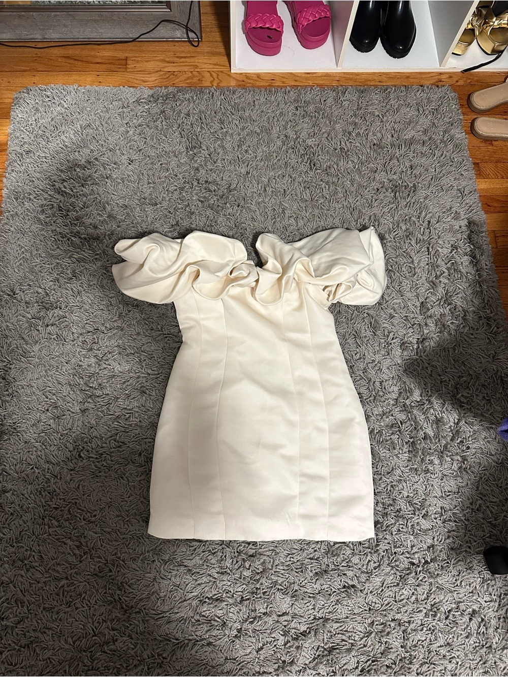 Fashion Nova Cream Strapless Ruffle Bodycon Dress